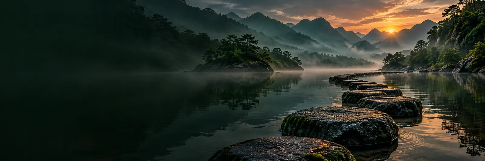 Stepping stones across calm water in a misty green valley