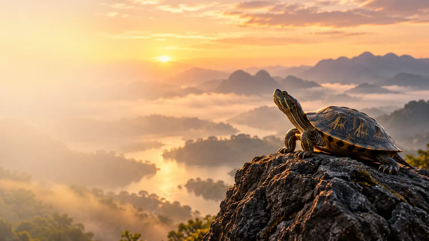A turtle resting on a rock above misty mountains at golden hour